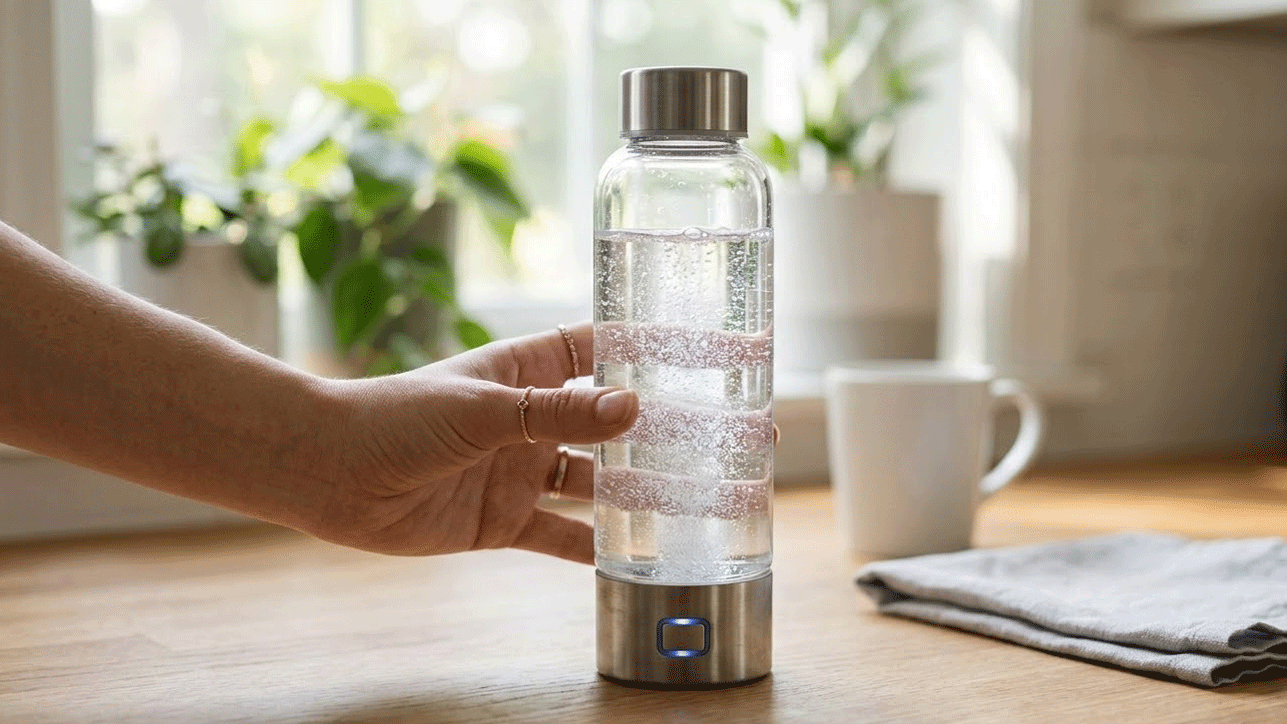 hand picking up a glass h2 bottle from counter