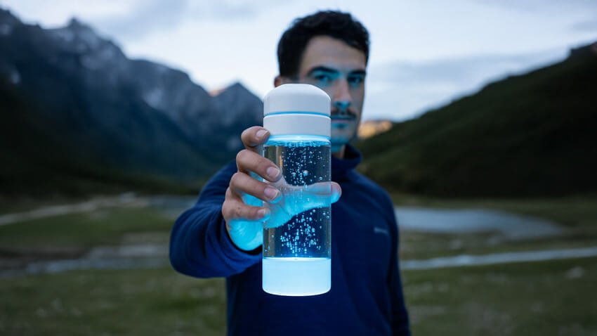 me holding a h2 water bottle